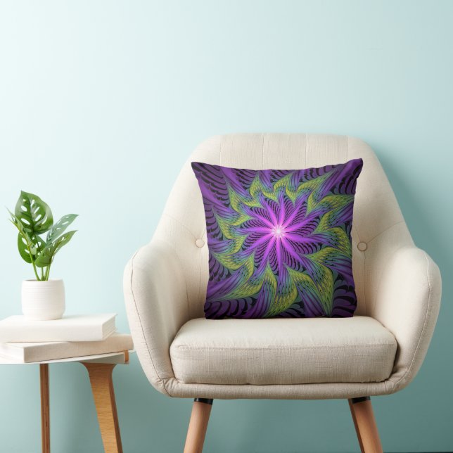 Coussin Fleur verte violette Art abstrait fractal moderne (Chaise)