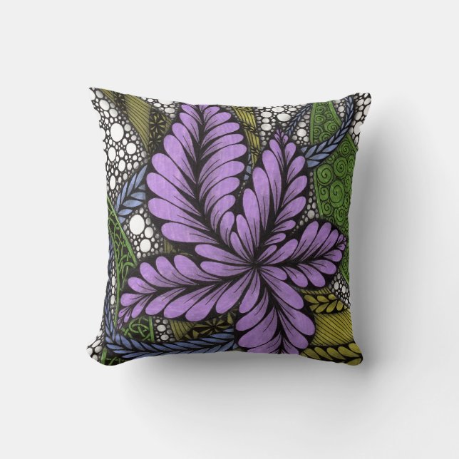 Coussin Fleur Violette Abstraite Accent Olive Vert (Recto)