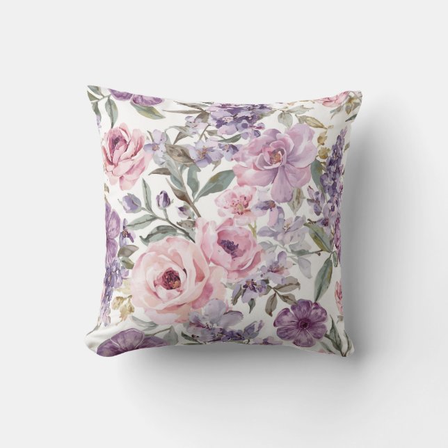 Coussin Fleur violette aquarelle rose lavande florale rose (Recto)