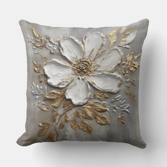 Coussin Fleurale de ferme gris neutre blanc or (Recto)