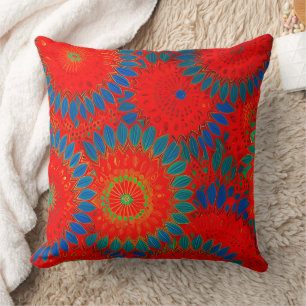 Coussin Fleurale marocaine exotique rouge orange sarcelle