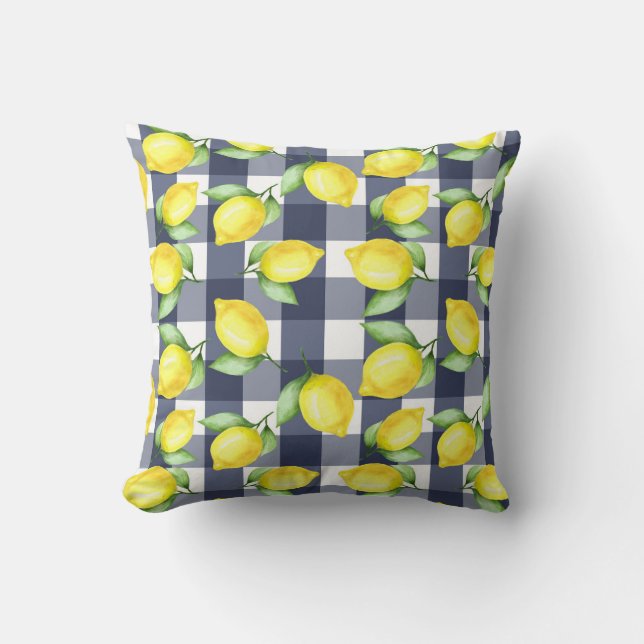 Coussin fleuri de citron jaune et bleu (Recto)