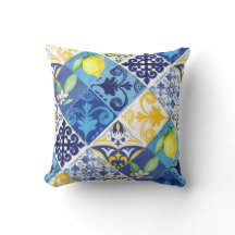 Coussin fleurie de citron jaune et bleu. Sicilien