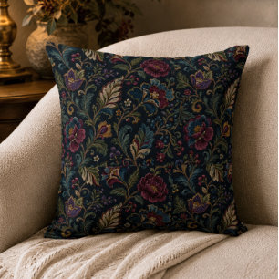 Coussin Fleuris Sombres Élégants Botaniques Vintage Crewel