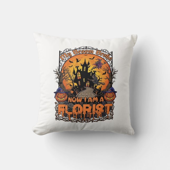 Coussin Fleuriste Balai Cassé Sorcière Halloween Citrouill (Recto)