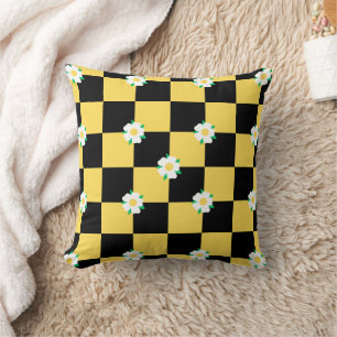 Coussin Fleurs à carreaux jaune blanc et noir