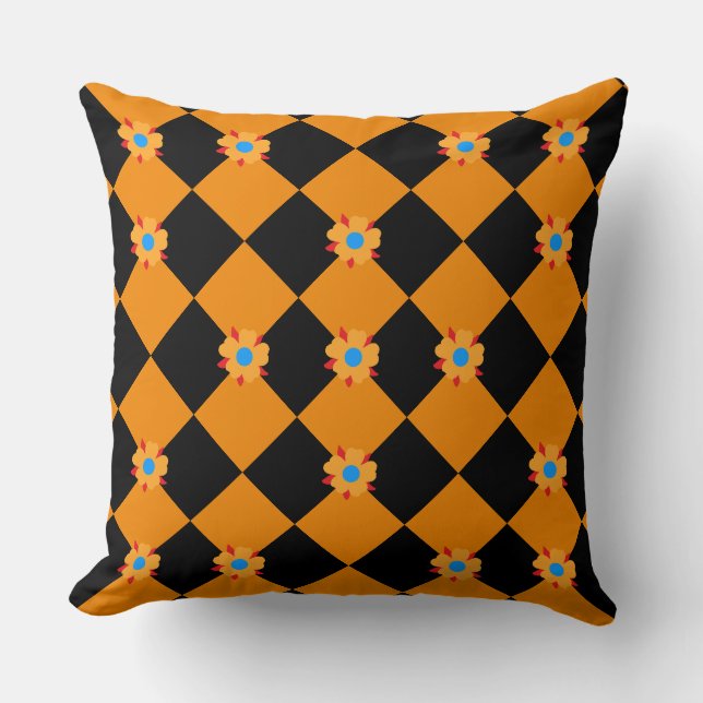 Coussin Fleurs à carreaux orange et noir (Recto)