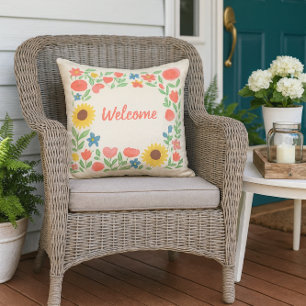 Coussin Fleurs à l'aquarelle Bienvenue chez nous 