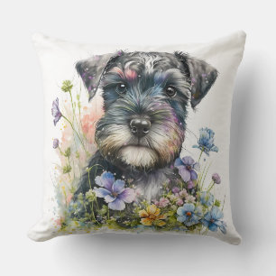 Coussin Fleurs à l'aquarelle et chiot schnauzer
