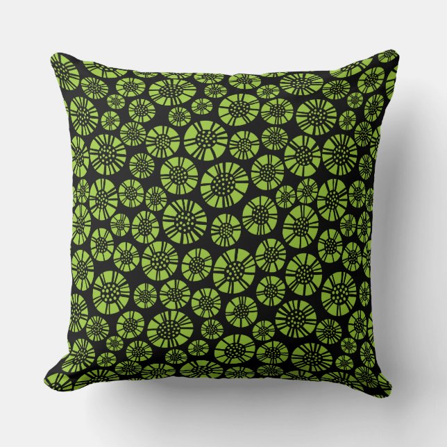 Coussin Fleurs Abstraites 031023 - Vert Martien sur Noir (Recto)