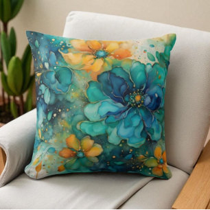 Coussin Fleurs abstraites bleu vert turquoise or orange