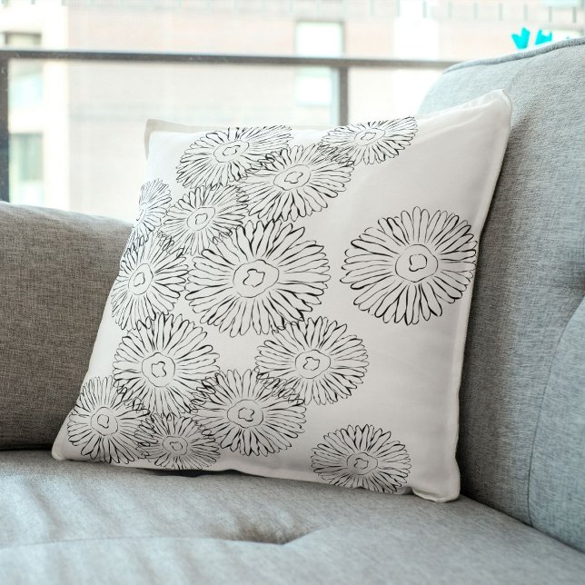 Coussin Fleurs abstraites de printemps noir et blanc (Créateur téléchargé)