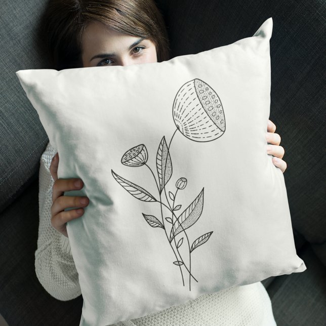 Coussin Fleurs Abstraites Doodle Noir Blanc Style (Créateur téléchargé)