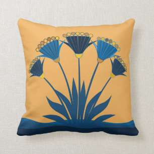 Coussin fleurs Abstraites, jaune moutarde, bleu marine, or