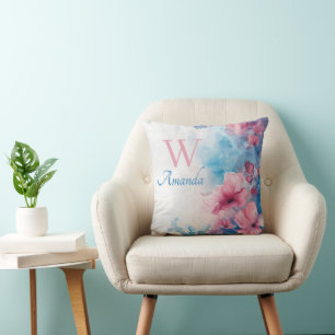 Coussin Fleurs Aquarelle douce en rose et bleu