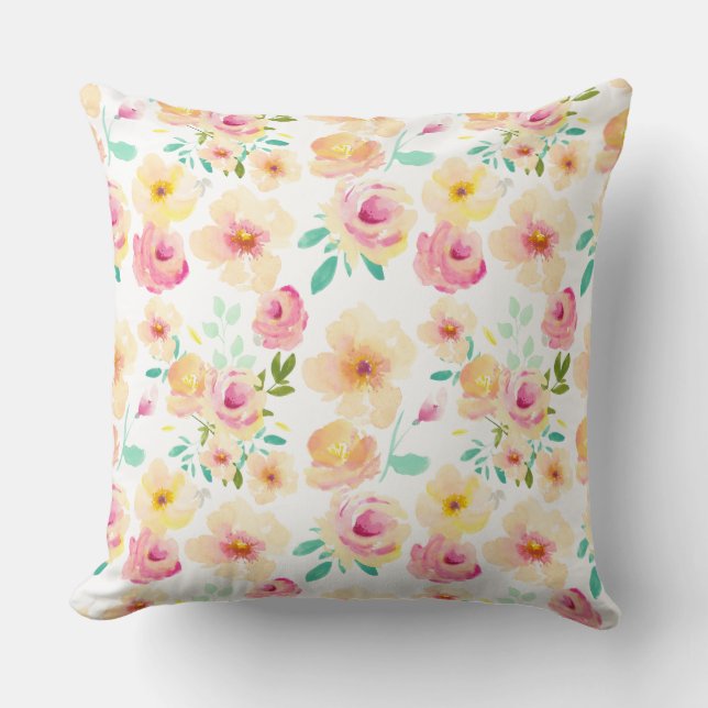 Coussin Fleurs Aquarelle Jaune Jolie Rose (Recto)