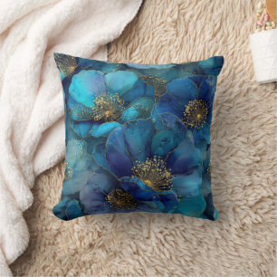 Coussin Fleurs aquarelles abstraites bleu or