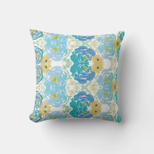 Coussin Fleurs aquarelles bleues et jaunes