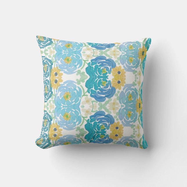 Coussin Fleurs aquarelles bleues et jaunes (Recto)