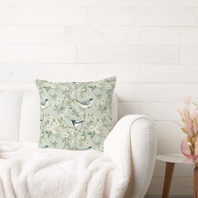 Coussin Fleurs aquarelles boho en sauge et oiseaux crème (Canapé)