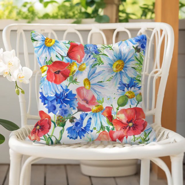 Coussin Fleurs aquarelles d'été bleu rouge jaune (Créateur téléchargé)