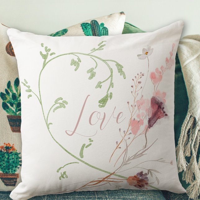 Coussin Fleurs aquarelles douces romantiques  (Love Soft Watercolor Flowers Romantic Throw Pillow ©Susanne Sachers - Sunny Mind Design)