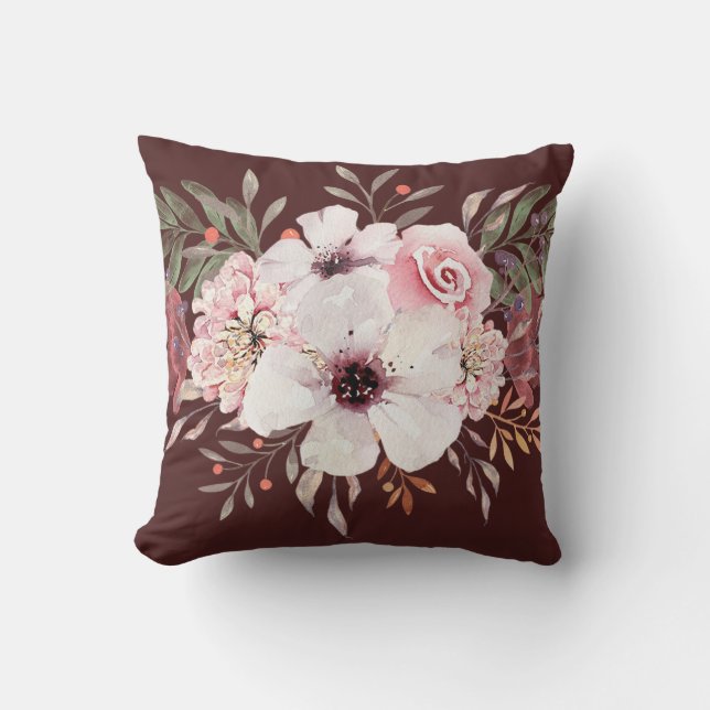 Coussin Fleurs aquarelles modernes rose burgundy (Recto)
