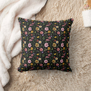 Coussin Fleurs aquarelles noires roses jaunes et vertes Co
