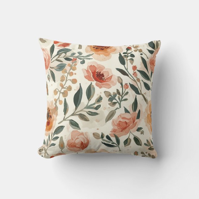 Coussin Fleurs aquarelles orange peinture botanique (Recto)