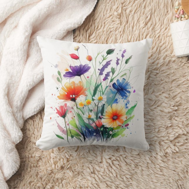 Coussin Fleurs aquarelles orange violet rouge bleu (Couverture)