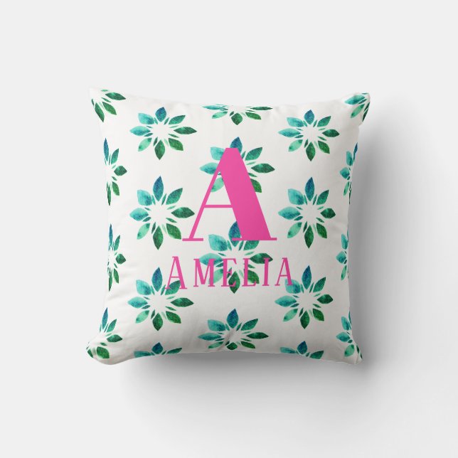 Coussin Fleurs aquarelles rétro vert monogramme rose vif (Recto)