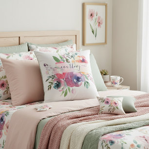 Coussin Fleurs aquarelles rose et orange personnalisées 