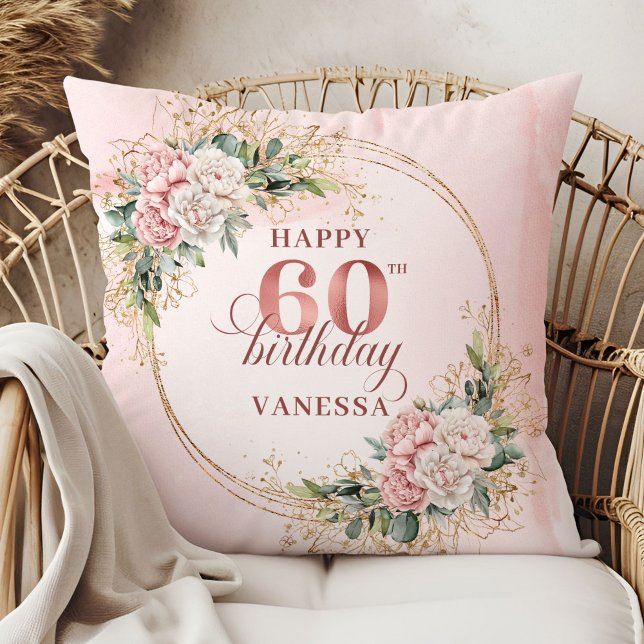 Coussin Fleurs aquarelles roses poussiéreuses classiques 6 (Classic Dusty Pink Watercolor Flowers 60th birthday pillow)