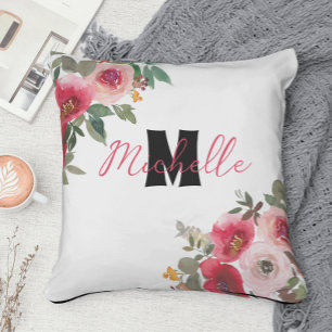 Coussin Fleurs aquarelles roses romantiques avec monogramm