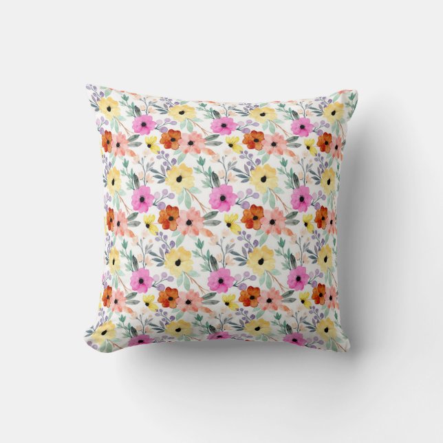Coussin Fleurs aquarelles roses, rouges et jaunes (Recto)