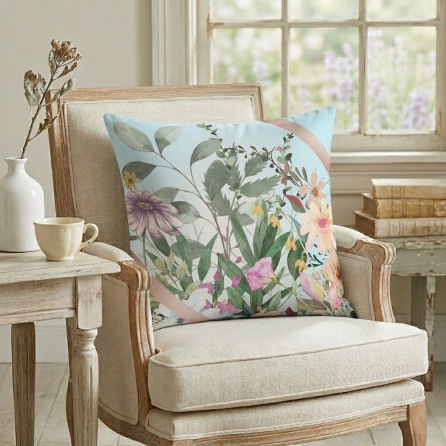 Coussin Fleurs aquarelles vintage cyan clair  (Créateur téléchargé)