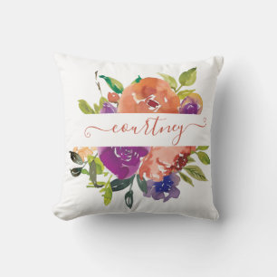 Coussin Fleurs aquarelles violettes et orange personnalisé
