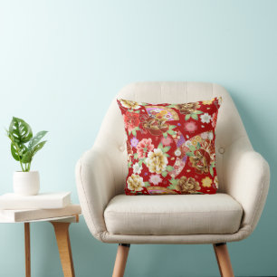 Coussin Fleurs asiatiques sur fond rouge