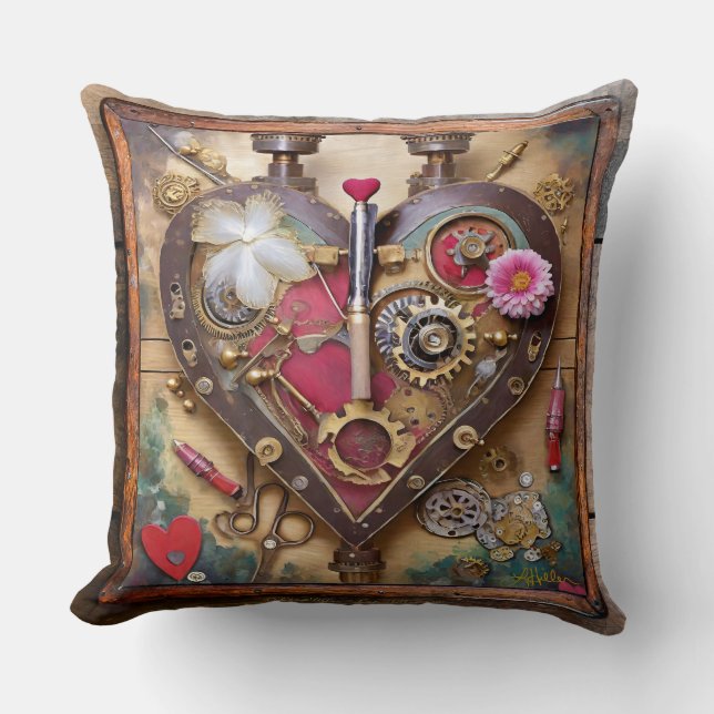 Coussin Fleurs au rouge à lèvres Cœur Série Steampunk (Recto)