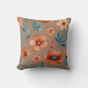 Coussin Fleurs beige, turquoise, rouge et rouille
