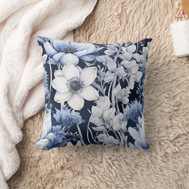 Coussin Fleurs blanches bleues poussiéreuses hiver Navy (Couverture)
