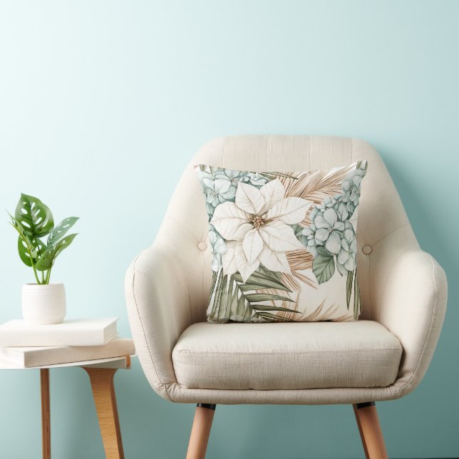 Coussin Fleurs Blanches Bleues Tropicales   (Chaise)