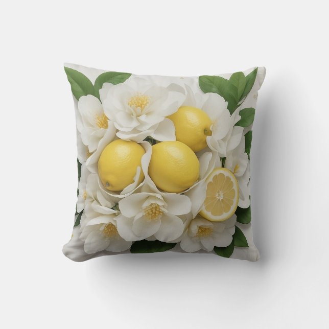 Coussin Fleurs blanches, citrons et feuilles vertes sur fo (Recto)