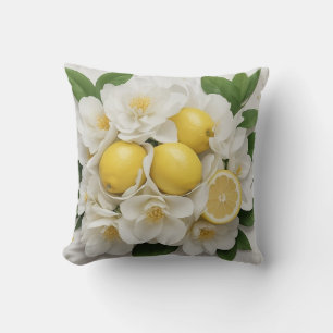 Coussin Fleurs blanches, citrons et Feuilles verts sur bla