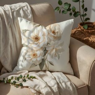 Coussin Fleurs blanches délicates à l'aquarelle botanique