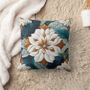 Coussin Fleurs blanches élégantes avec Feuilles Turquoises