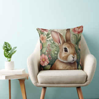 Coussin Fleurs blanches et lapin