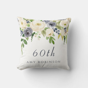 Coussin Fleurs blanches et marines Beau cadeau 60e anniver