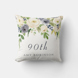 Coussin Fleurs blanches et marines Beau cadeau 90e anniver