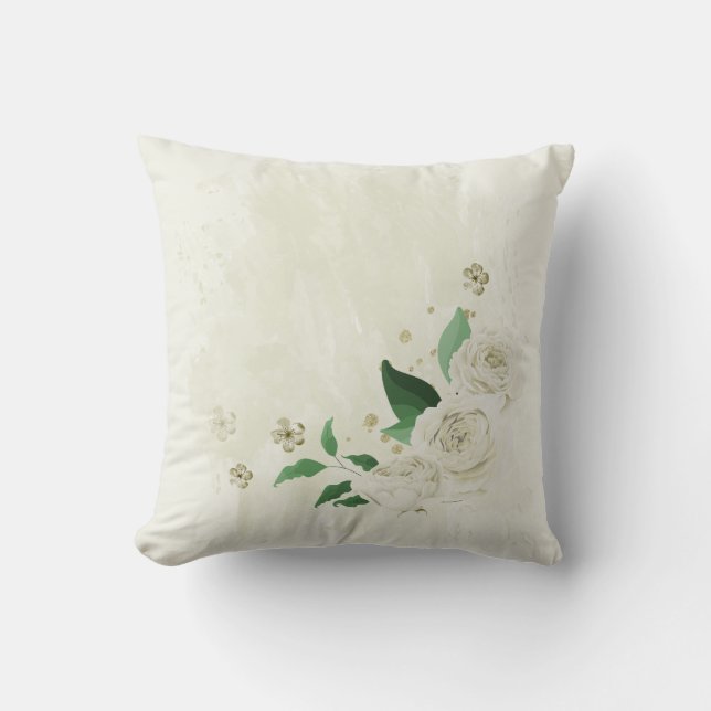 Coussin fleurs blanches ivoire verdure (Recto)